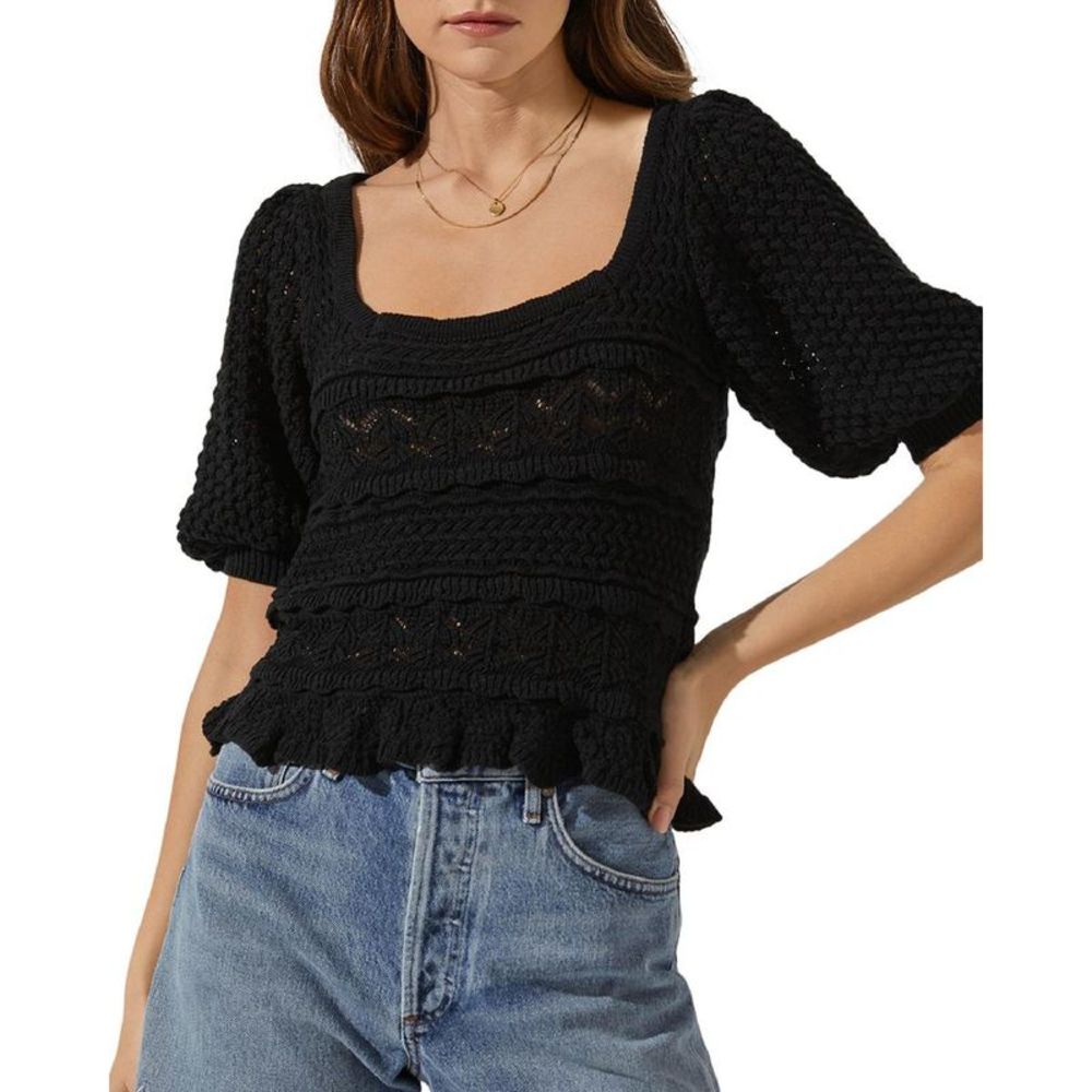 Astr Black Knit Square-Neck Puff Sleeve Sweater